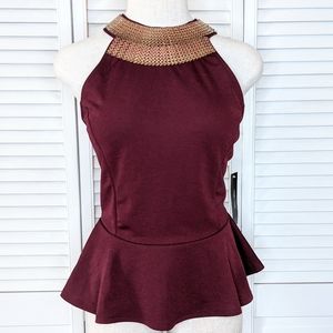 Moa Moa deep burgundy peplum top w/gold neckline